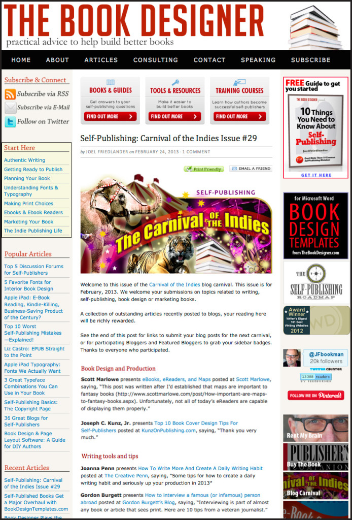 Thank you to author Joel Friedlander of TheBookDesigner.com for linking to this article.