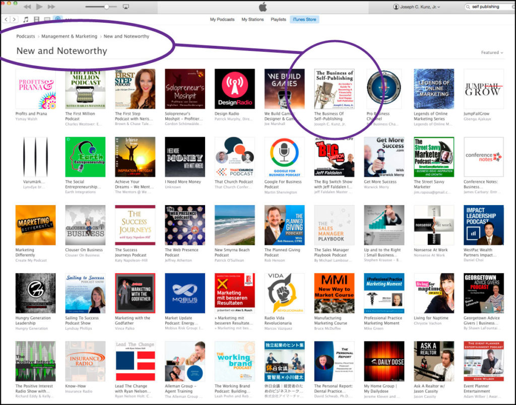 The Business Of Self-Publishing Podcast by Joseph C. Kunz, Jr. on the iTunes "New and Noteworthy" list