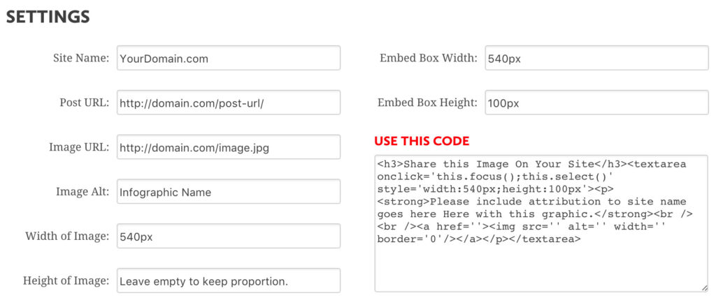 Blank embed code generator form. Form provided by Siege Media.