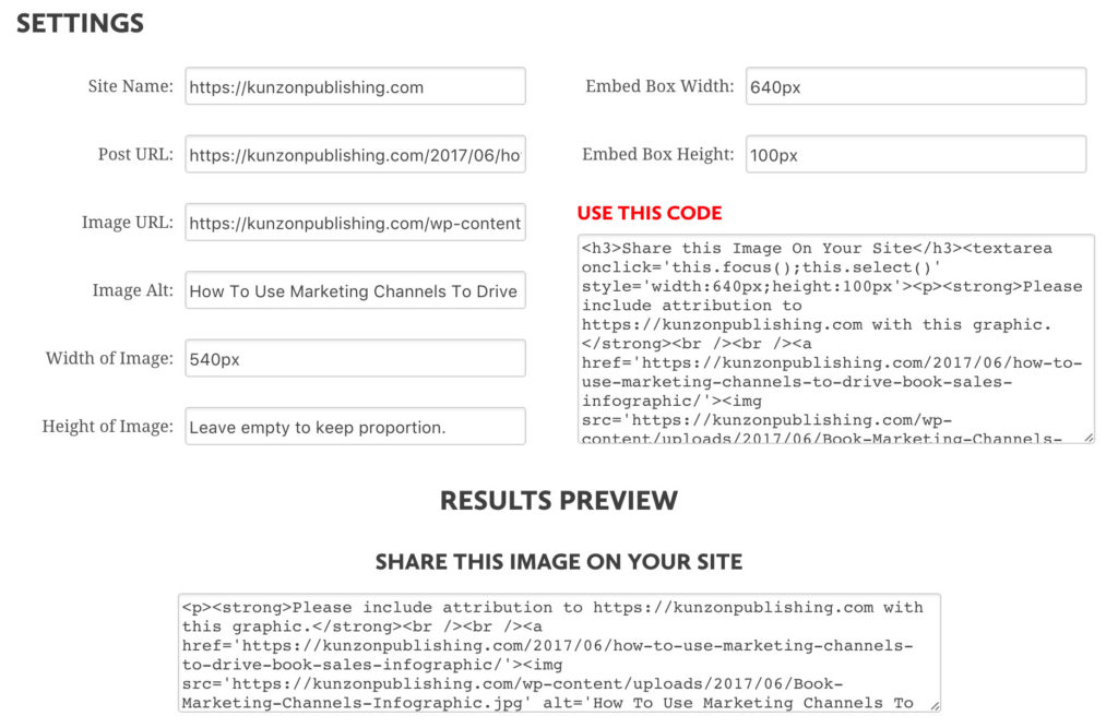 Filled-in embed code generator form. Form provided by Siege Media.